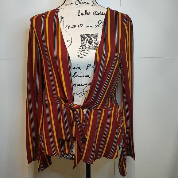 Striped Deep V Tie Front Blouse | Bell Sleeve Top M - Picture 3 of 6